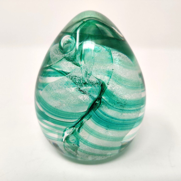 Vintage Studio Glass Paperweight Egg Green Swirl Signed Ann Corcoran '93 Nouwrot - Picture 10 of 16